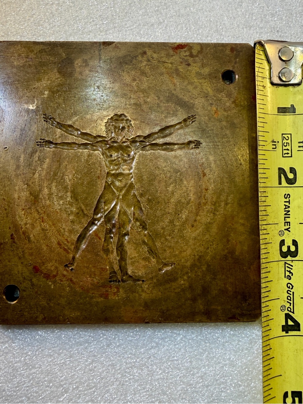 Vintage Heavy Brass PRINTING PLATE with carved Da Vinci Vitruvian Man 4” x 4" - Picture 6 of 9